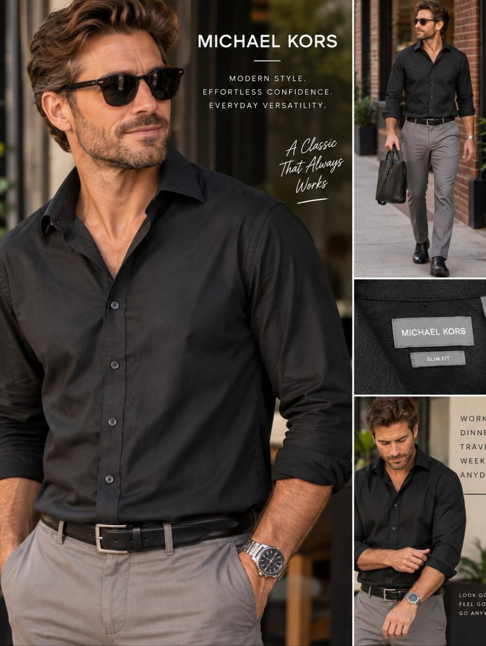Michael Kors NWT Men’s Black Slim Fit Dress Shirt 16 34-35 Herringbone Button Do